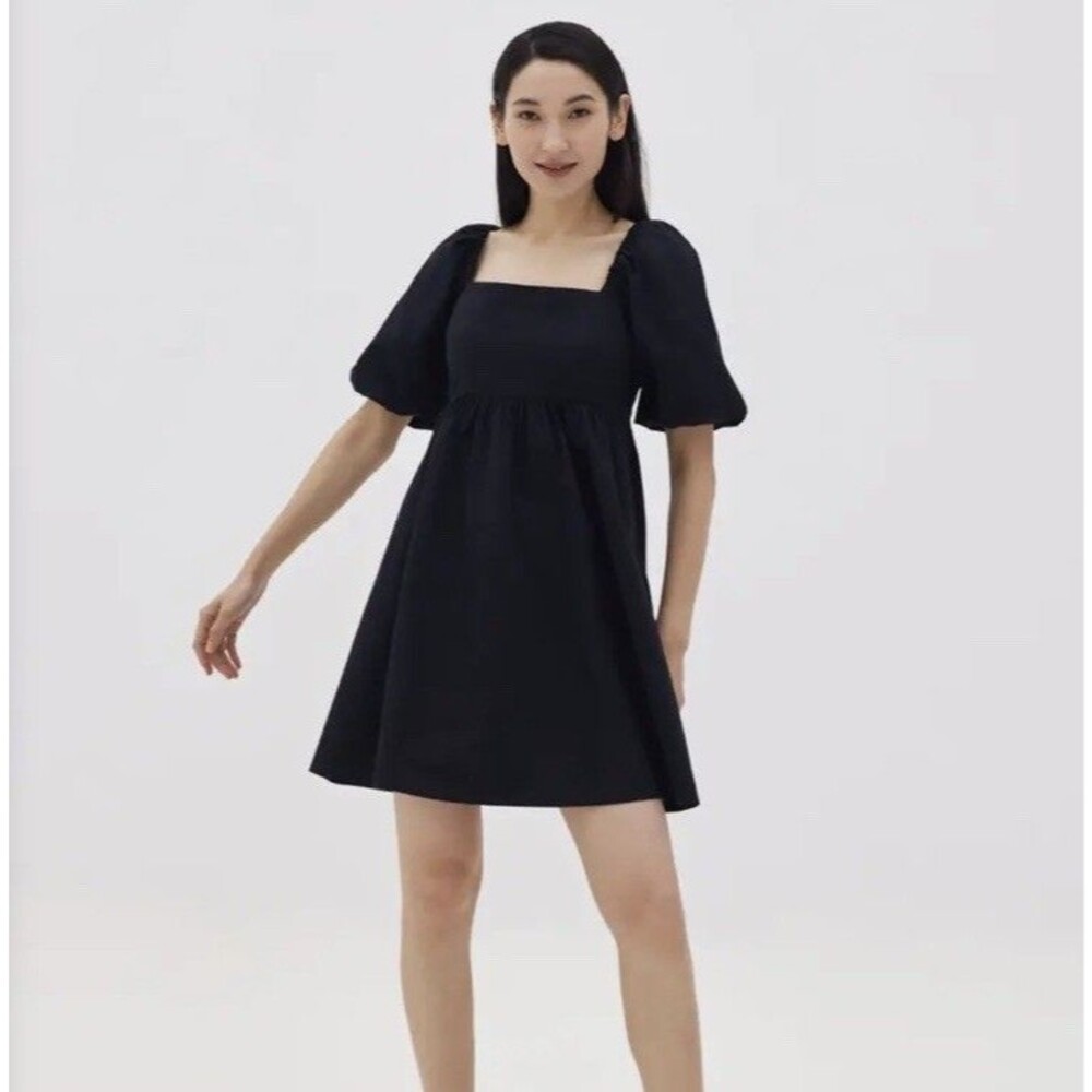 Love Bonito Babydoll Crepe Dress Puff Sleeve Tie Back Sz 6 Navy